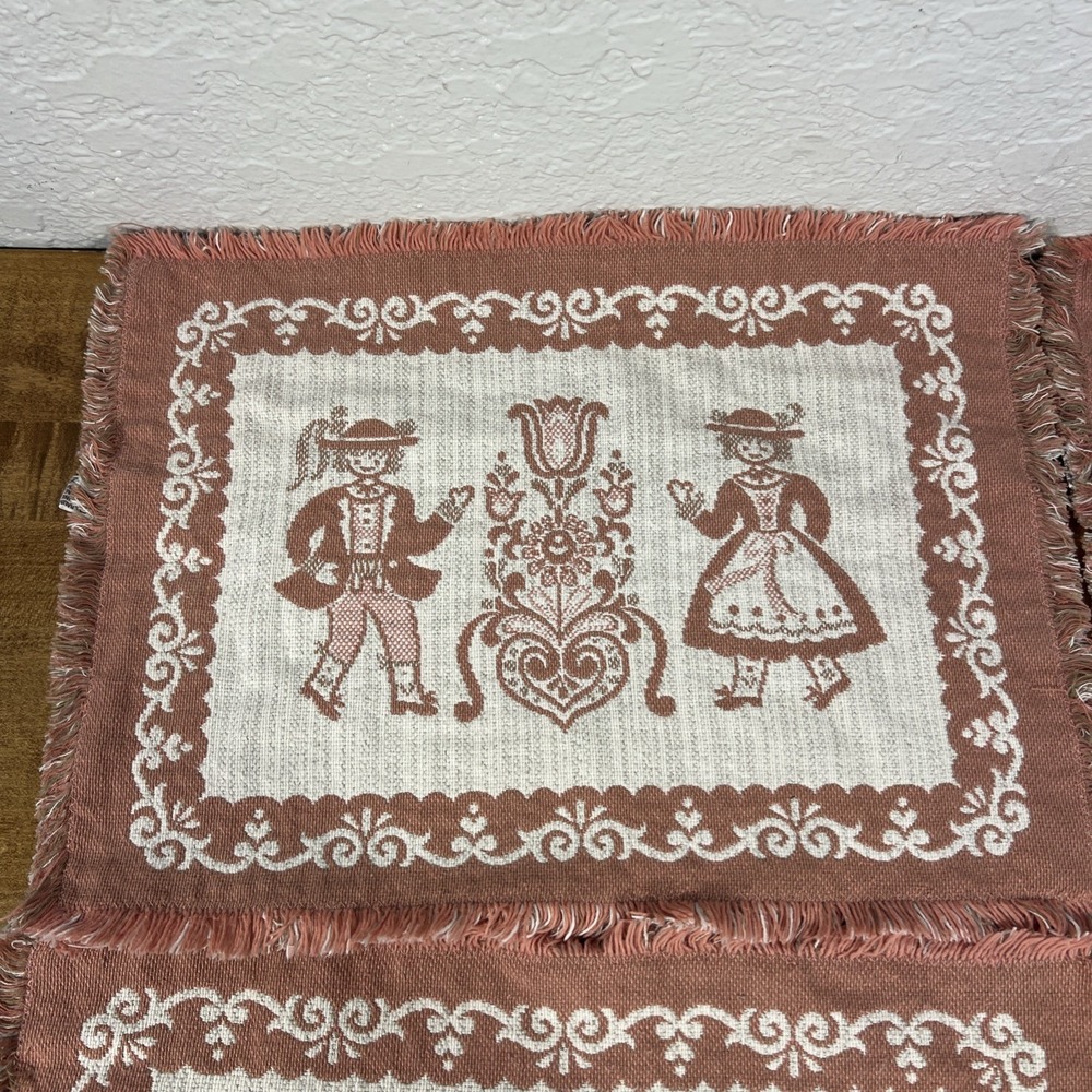 Vintage‎ Set Of 4 Austrian Placemats Pink Fringe Woven Folk Art Cotton/Linen - Picture 2 of 15